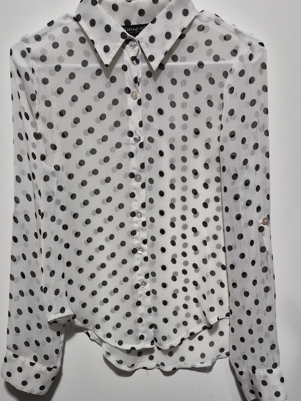 living doll White and Black Polka Dot Sheer Button-Down Blouse